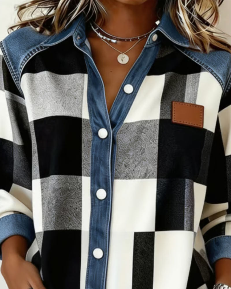 Skjorta Rutig Färgblock Denim Patchwork