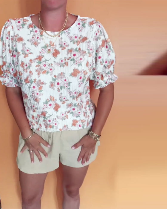 Blus Rund Halsringning Blommig Kort Ärm