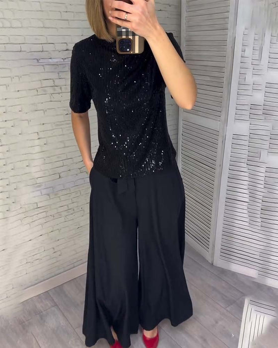 Slimmande Paljett T-Shirt Med Kort Ärm