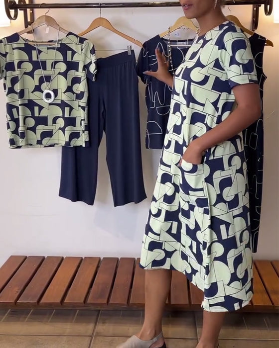 Klänning avslappnad vardaglig rund hals med tryck