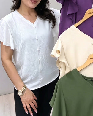 Blus V-Hals Knapp Flutter Ärm