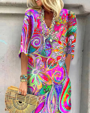 Klänning Färgglad Blommigt Tryck