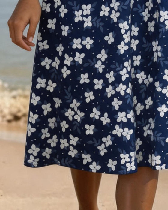 Klänning Liten Blommig Midjeknyt A-Linje Midi