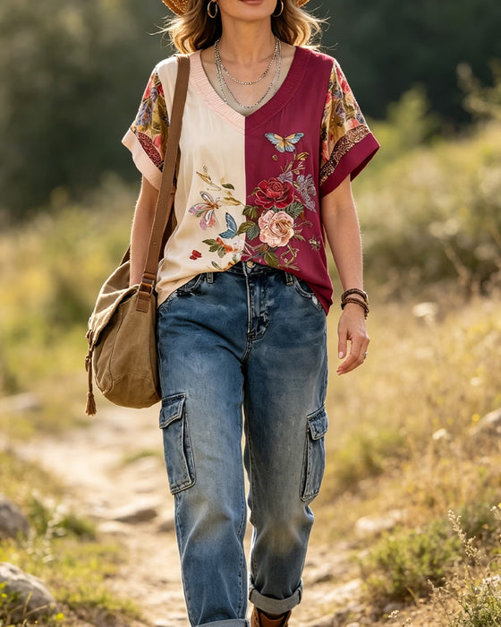 Blus V-Hals Asymmetrisk Patchwork Blommig