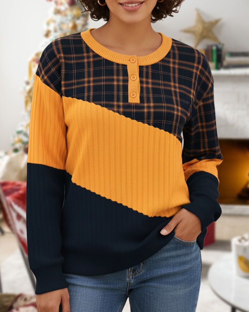 Hoodie Med Rundhals Design, Rutsmönster, Färgblock Detalj Och Långärmad Stil