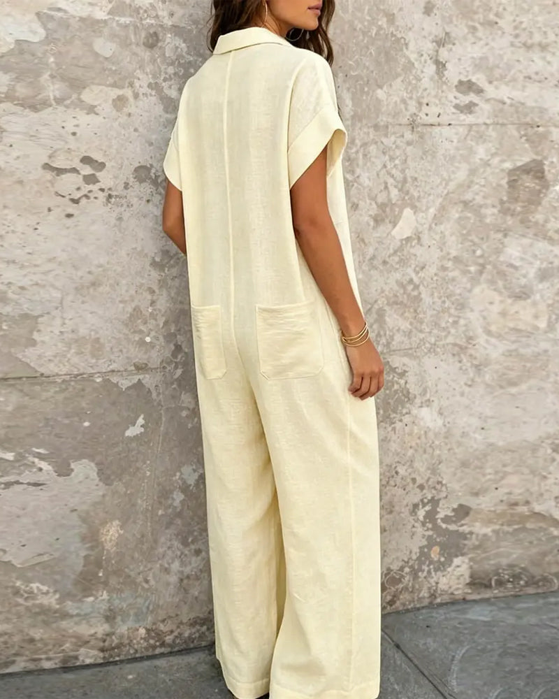 Avslappnad Enfärgad Jumpsuit Med Krage