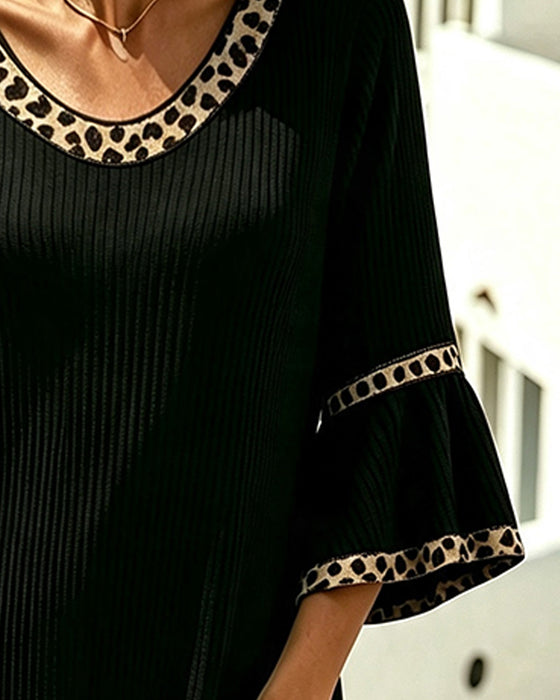 Klädning Flare Ärm Ribbad Leopard