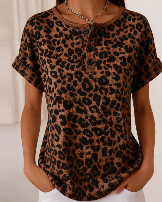 Topp Henley Hals Leopard Tryck Vaffel