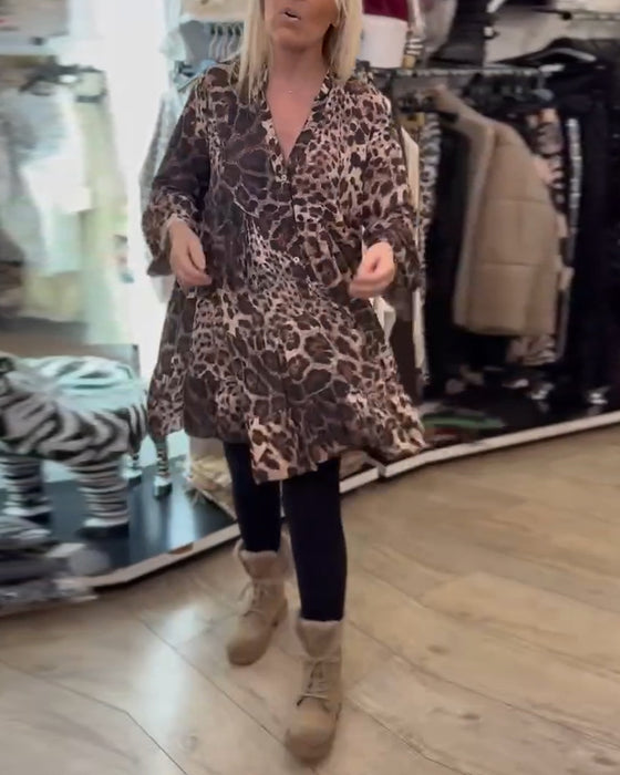 Klänning Långärmad Leopardskrivmönster