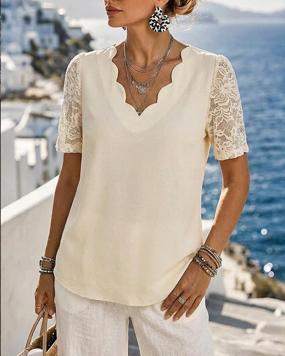 Blus V-Hals Spets Patchwork Solid