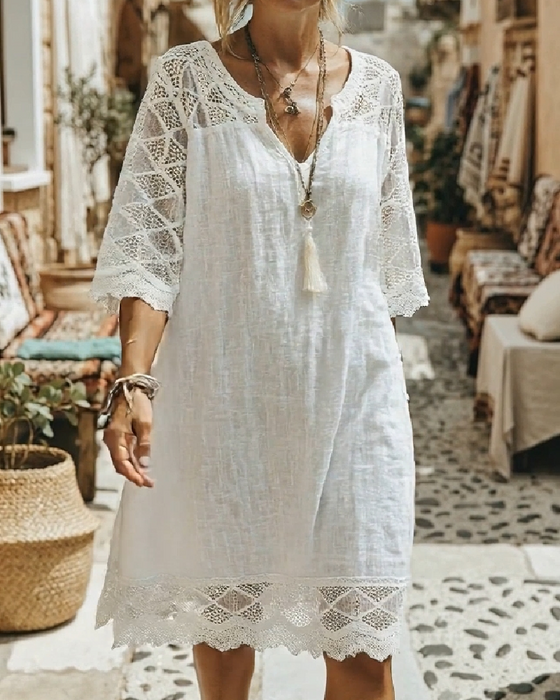 Klänning V-ringning Spets Patchwork Casual