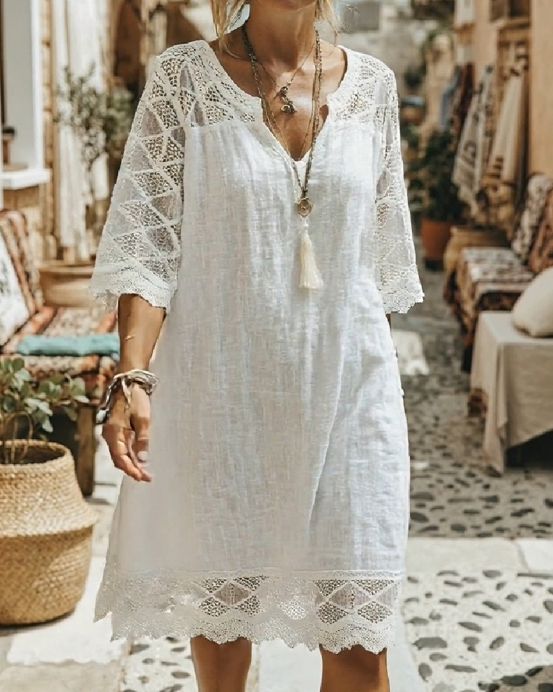 Klänning V-ringning Spets Patchwork Casual