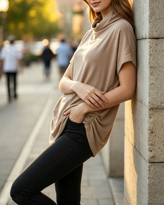 Blus Mock Neck Kort Ärm Sida Rynkad