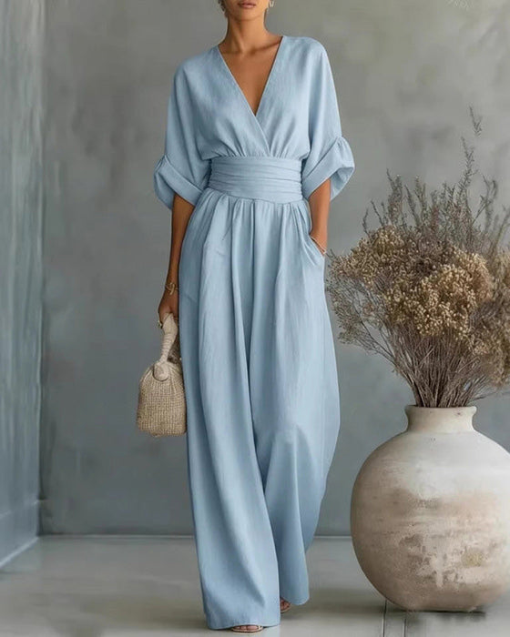 Jumpsuit V-Hals Kors Midjeknyt Bred Ben