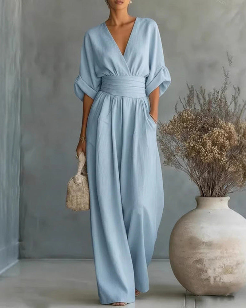 Jumpsuit V-Hals Kors Midjeknyt Bred Ben
