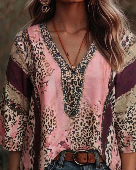Blus V-Hals Leopard Färgblock