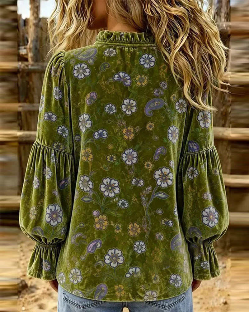 Blus V-Hals Knapp Volang Blommig