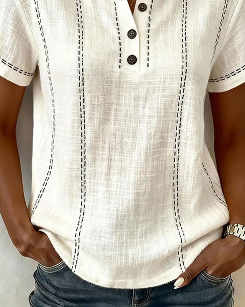 T-Shirt Mode Avslappnad Knapp V-Hals