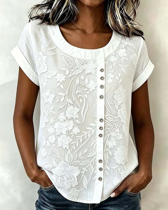 Blus Blommig Knapp Rundhalsad Kortärmad