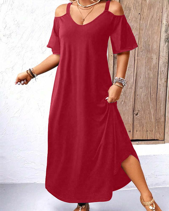 Klänning Enfärgad V-Ringning Off-Shoulder Lång