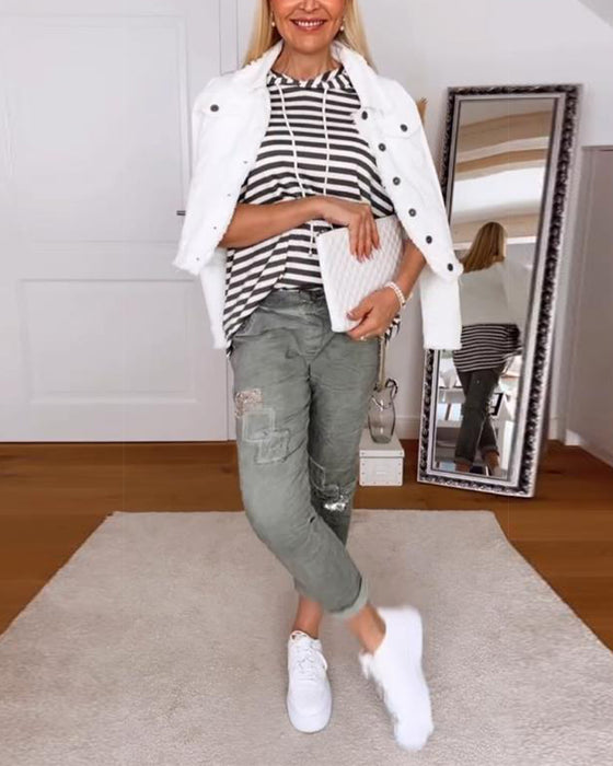 T-Shirt Med Huva Avslappnad Randig