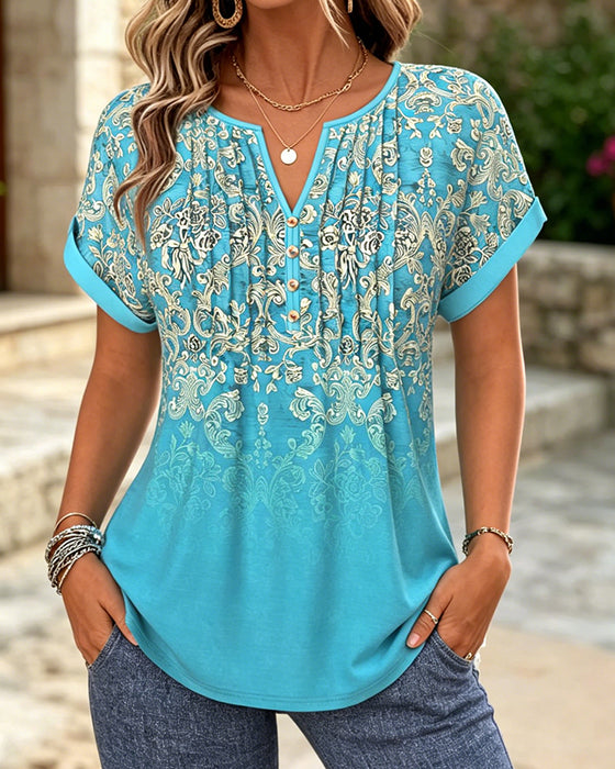 Blus Gradient Blommig Kort Ärm