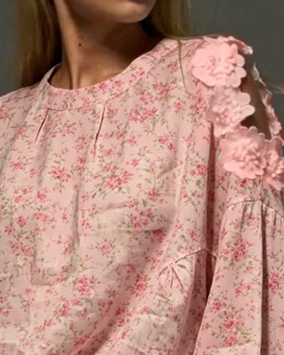 Blus Rund Hals Off-Shoulder Blommig Löss