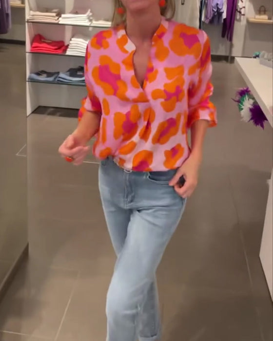 Tryckt V-ringad lanternanärm avslappnad topp