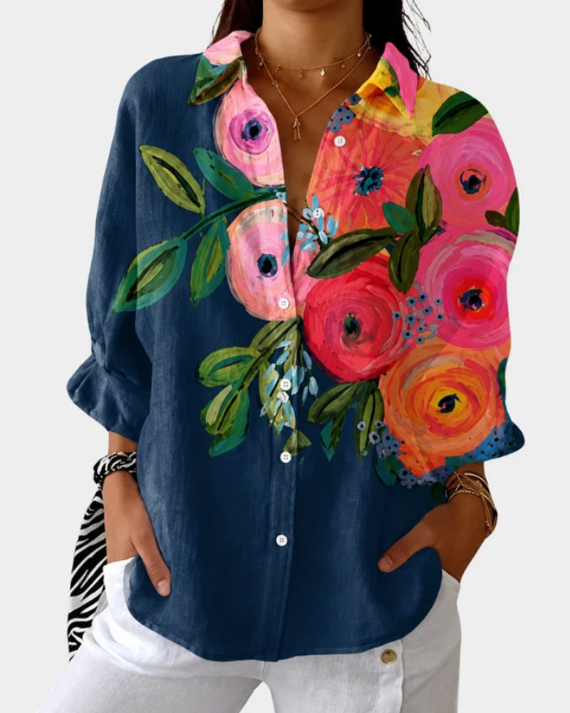 Skjorta Med Långa Ärmar Och Blommönster I Oljemålningstil
