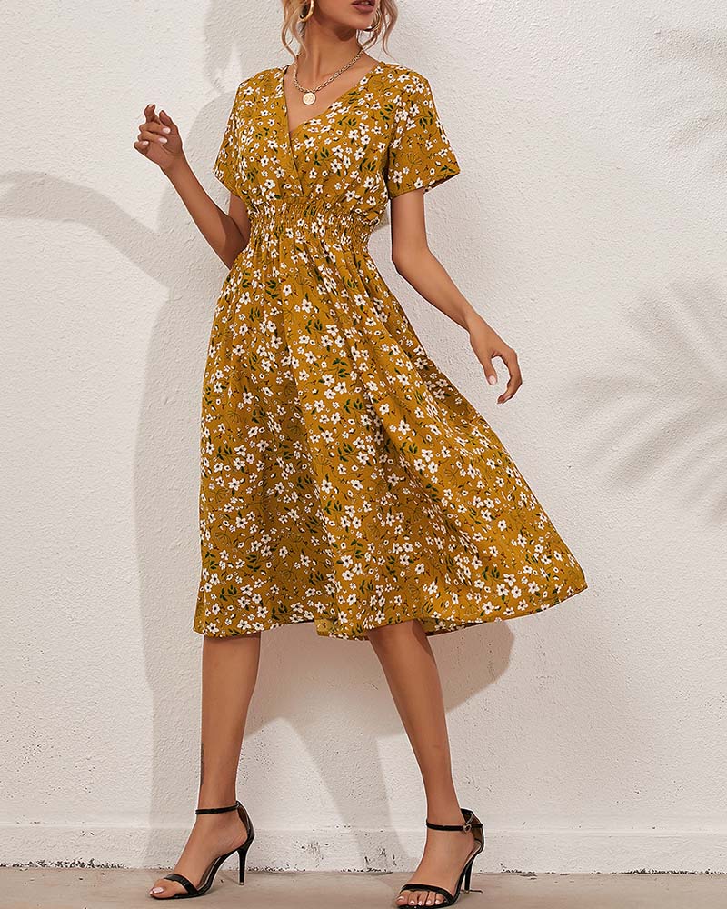 Klänning V-Ringning Snörd Midja Blommigt Print Midi