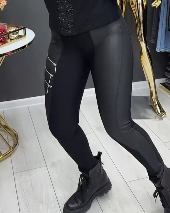 Leggings PU Lapptäcke Dragkedja Utsmyckad