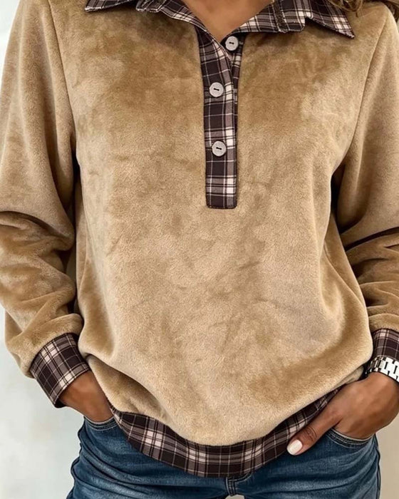 Sweatshirt Slag Knapp Rutig Patchwork