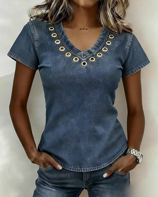 Topp Genombruten V-Ringad Kortärmad