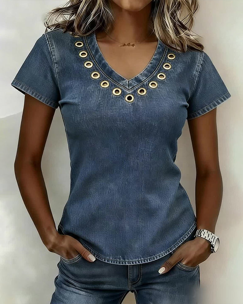 Topp Genombruten V-Ringad Kortärmad