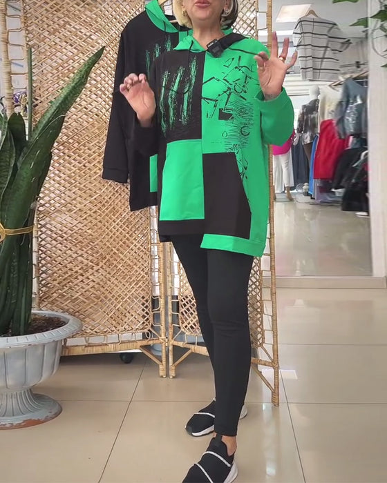 Tröja avslappnad huva färgblock tryckt