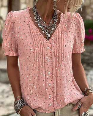 Blus Puffärm Blommig Tryck Kortärmad