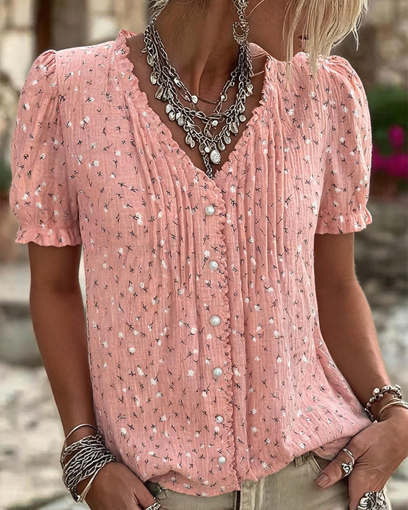 Blus Puffärm Blommig Tryck Kortärmad