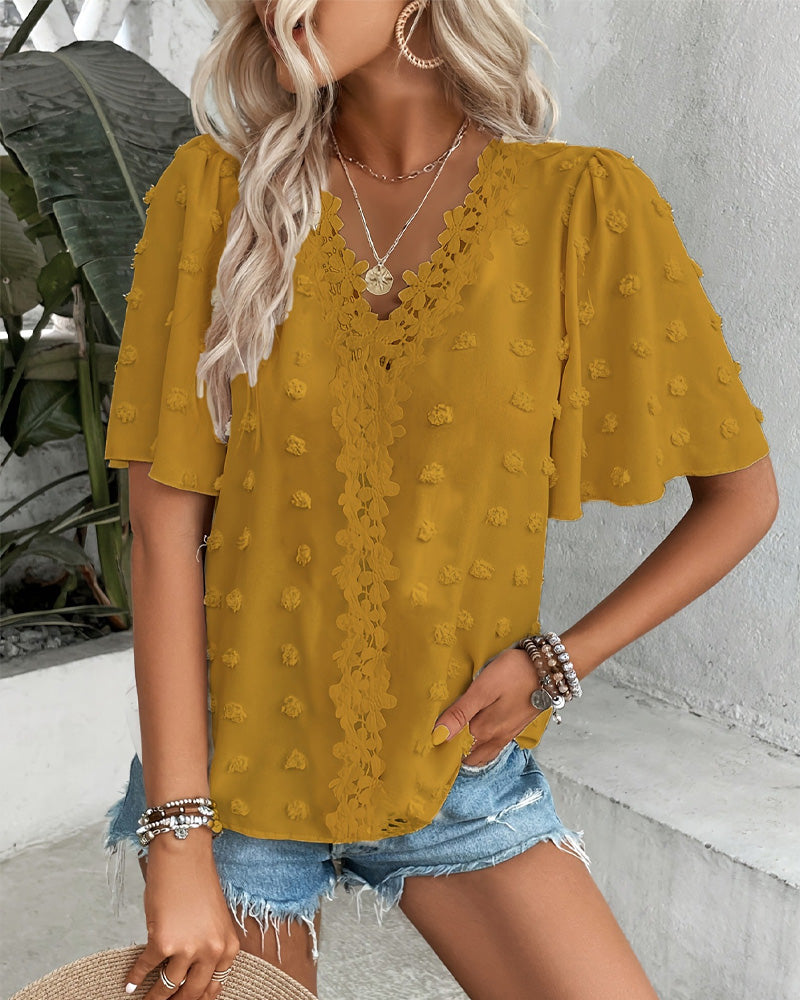 Blus Sammanfogad Jacquard Volangärm