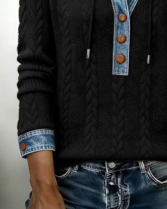 Färgblockad Långärmad Hoodie Med Knappar