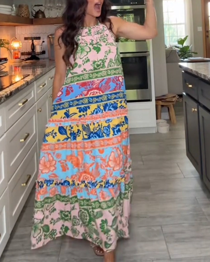 Klänning Tryckt Kontrastfärg Ärmlös