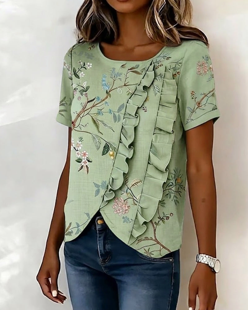 Blus Rundhalsad Kortärmad Rynkad Blommig