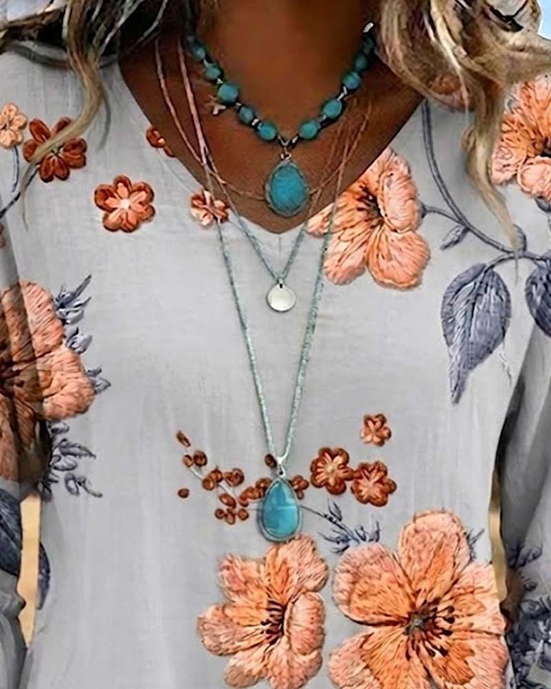 Blus V-Ringning Vintage Blommig Loose Fit