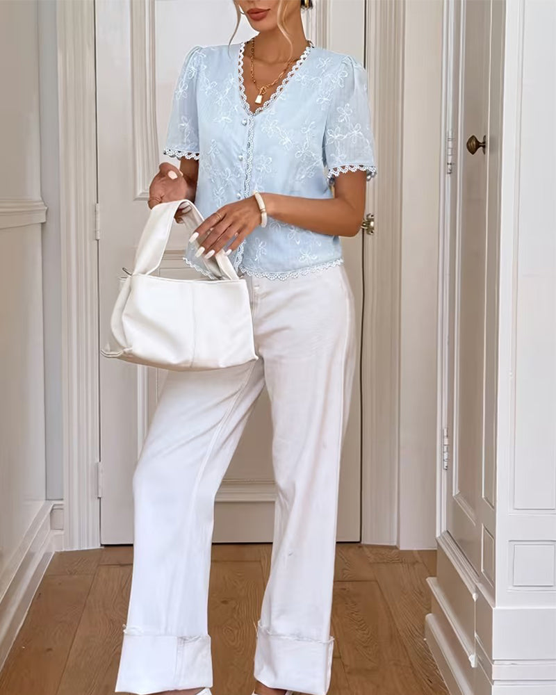 Blus Fransk V-Ringning Bågformad Kant