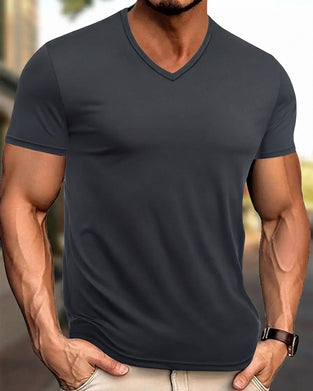 T-Shirt Solid Färg V-Ring Casual Herr