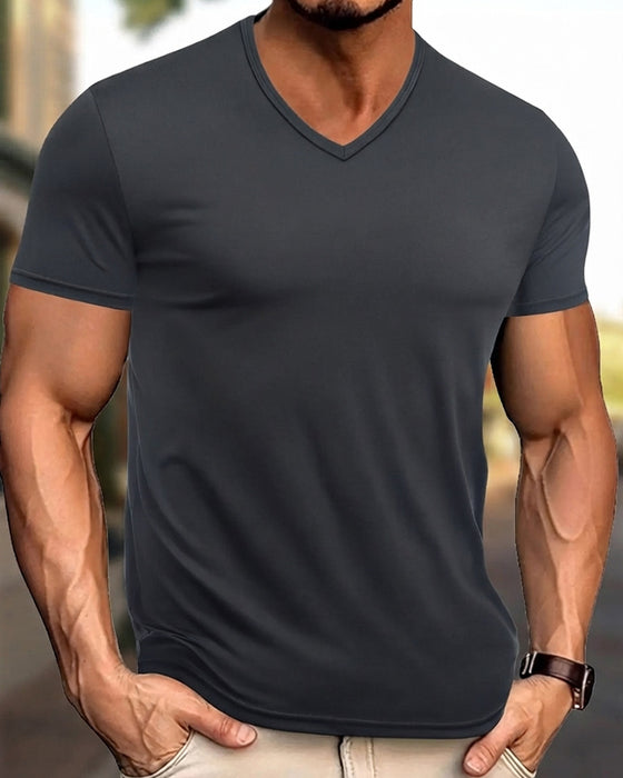 T-Shirt Solid Färg V-Ring Casual Herr