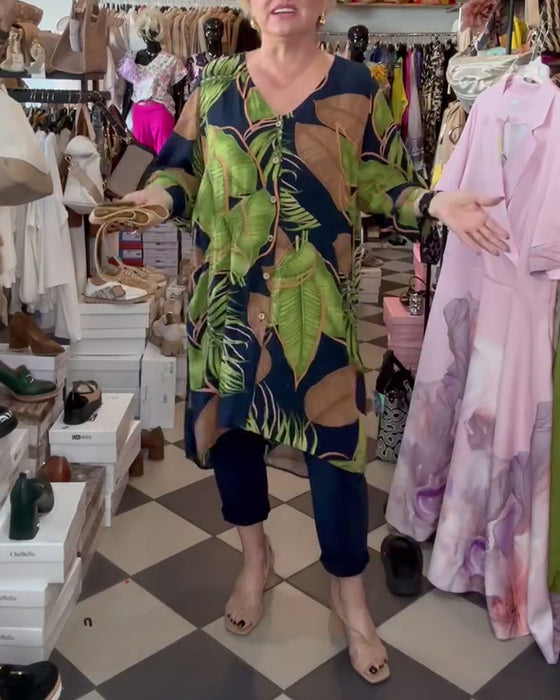 Lös Klänning Med Lövtryck Och V-Ringning