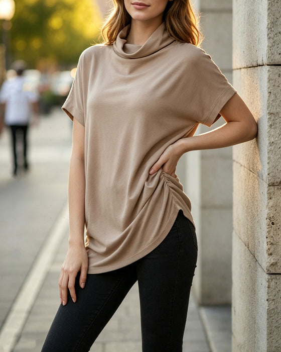 Blus Mock Neck Kort Ärm Sida Rynkad