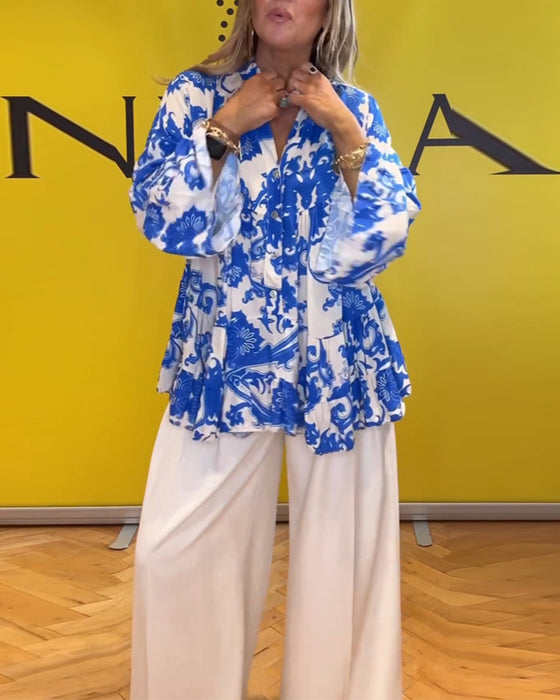 Långärmad blus med fräsch tryck