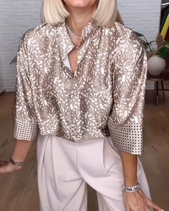 Blus Med Ståndkrage Och Tryckt Satin