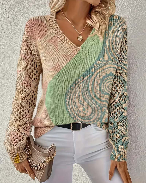 Pullover Färgblock Urholkning V-Hals Stickad